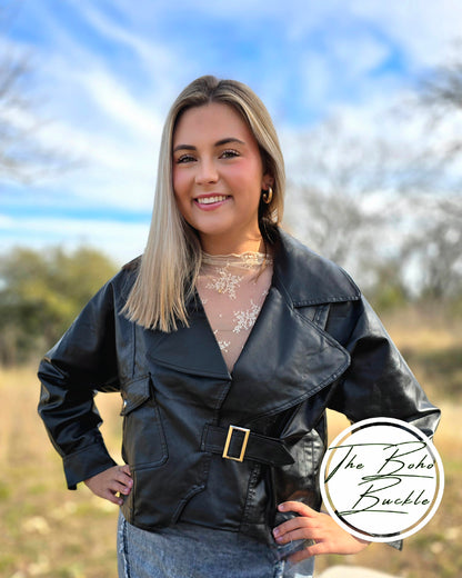 Notch collar biker club faux leather jacket in black
