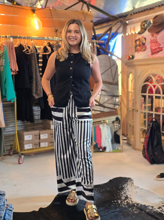 Satin Black and White Striped  Pants