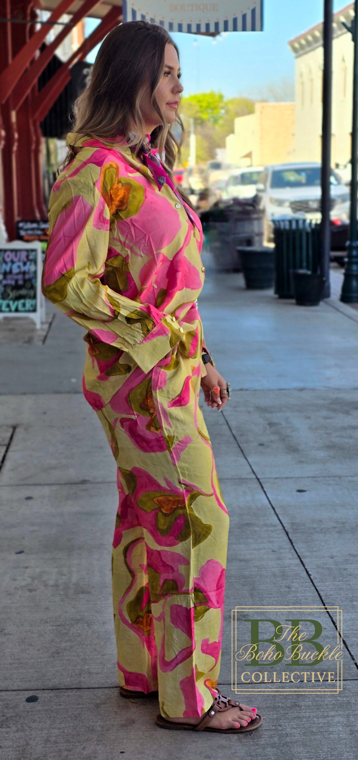 Green floral blouse and pant set