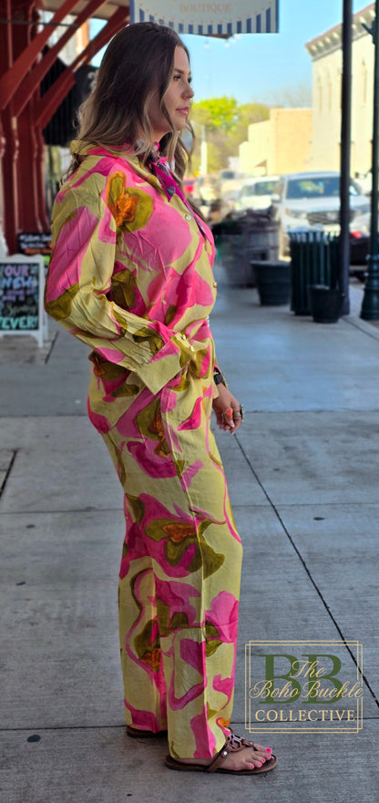 Green floral blouse and pant set