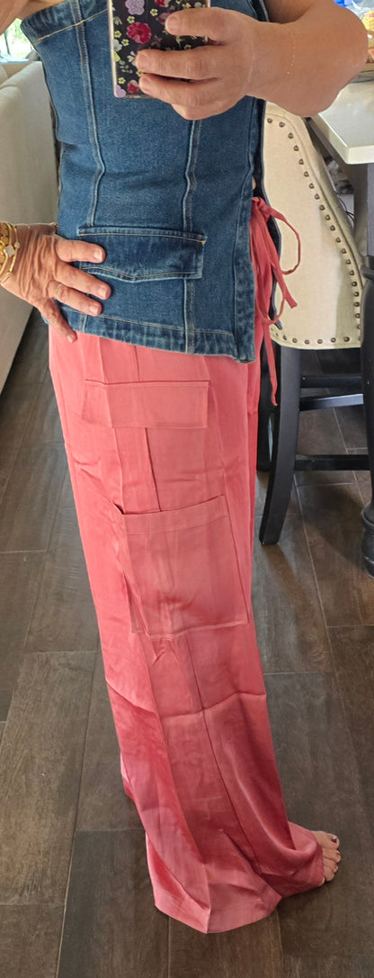 Rose Satin Cargo Pants