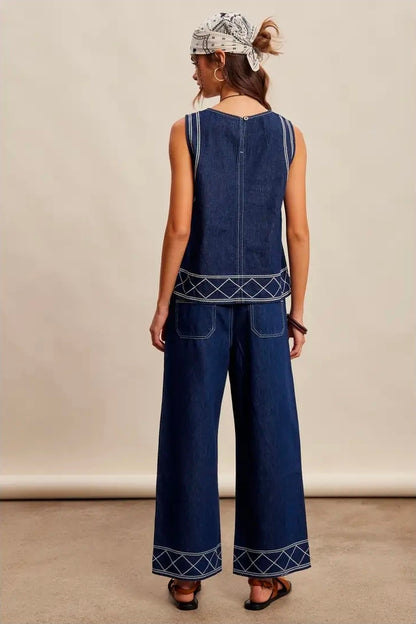 Embroidered Denim Tank & Wide-Leg Pants Set